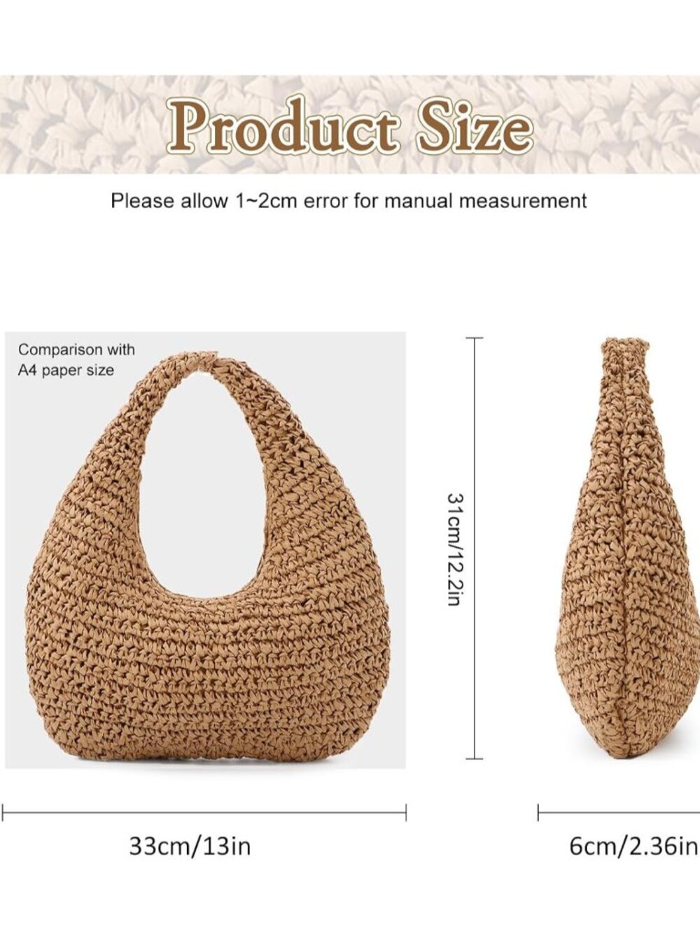 Straw Bag for Women Crescent Shoulder Handbag Straw Summer Beach Tote Handbag Ra - Picture 2 of 7